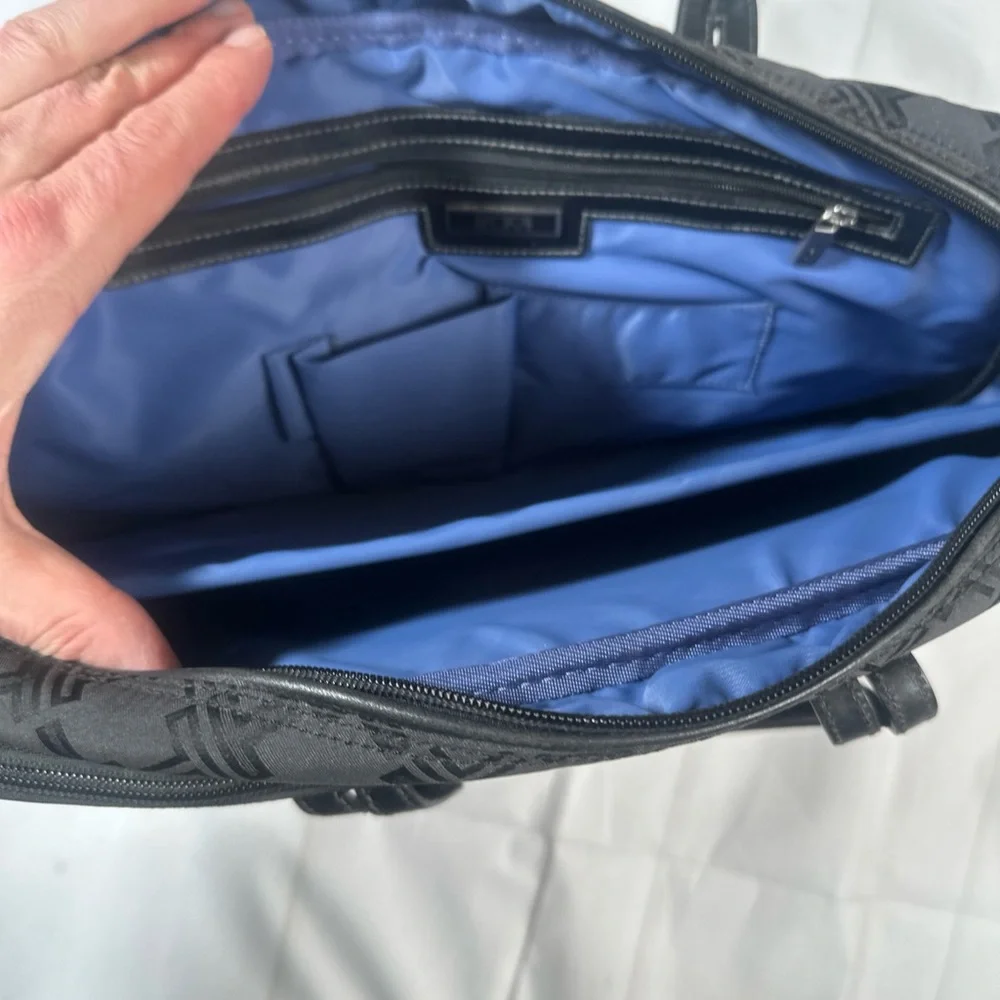 Tumi Black Monogram Laptop Briefcase With Leather Handles And Strap